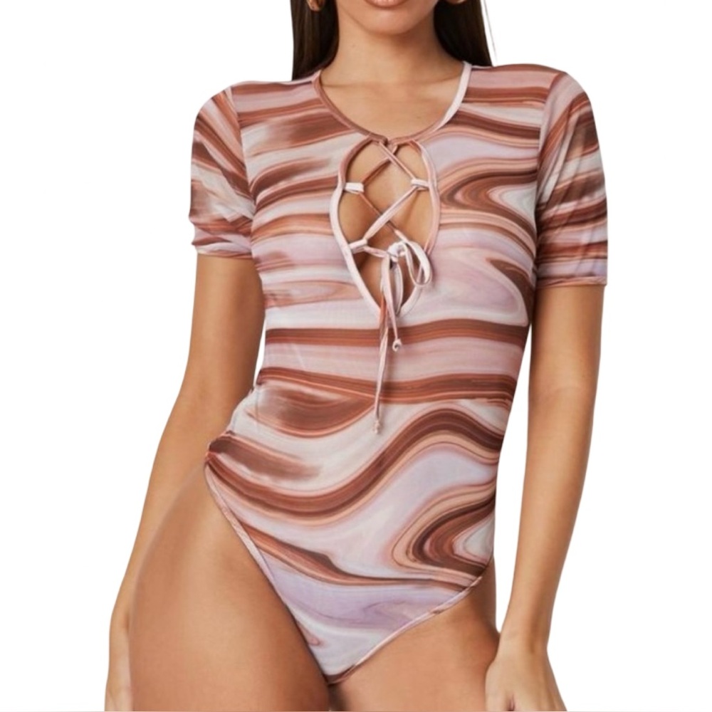 Marbled Lace Up Mesh Bodysuit in Size Small New with Tags Missguided